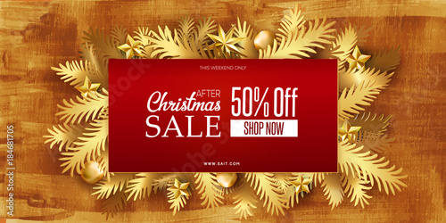 After Christmas sale banner with paper art craft cut out fir tree branches on golden background. Realistic paper stars and holidays balls. Red Luxury horizontal banner design. Business poster
