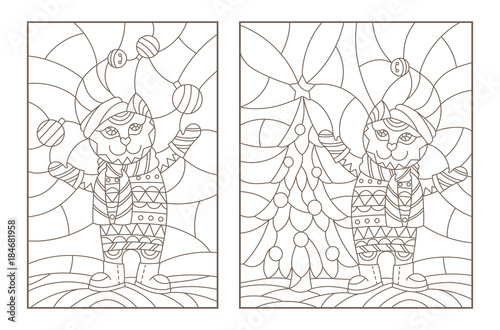 Set contour illustrations of the stained glass Windows with Christmas cats, dark outlines on a light background