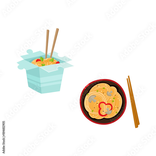 vector flat asian wok udon noodles in paper box, in ceramic pot with bamboo sticks top view. Stir fry eastern fastfood icon for menu design. Isolated illustration on white background