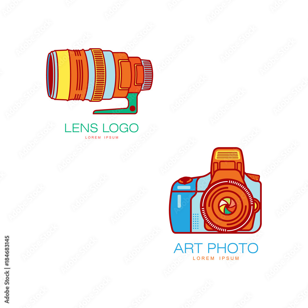Vector art photo camera, lens colored icon pictogram set. Flat cartoon  isolated illustration on a white background. Logo brand concept for photo  studio design Stock Vector | Adobe Stock