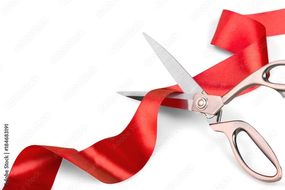 Scissors Cutting Red Ribbon - obrazy, fototapety, plakaty 