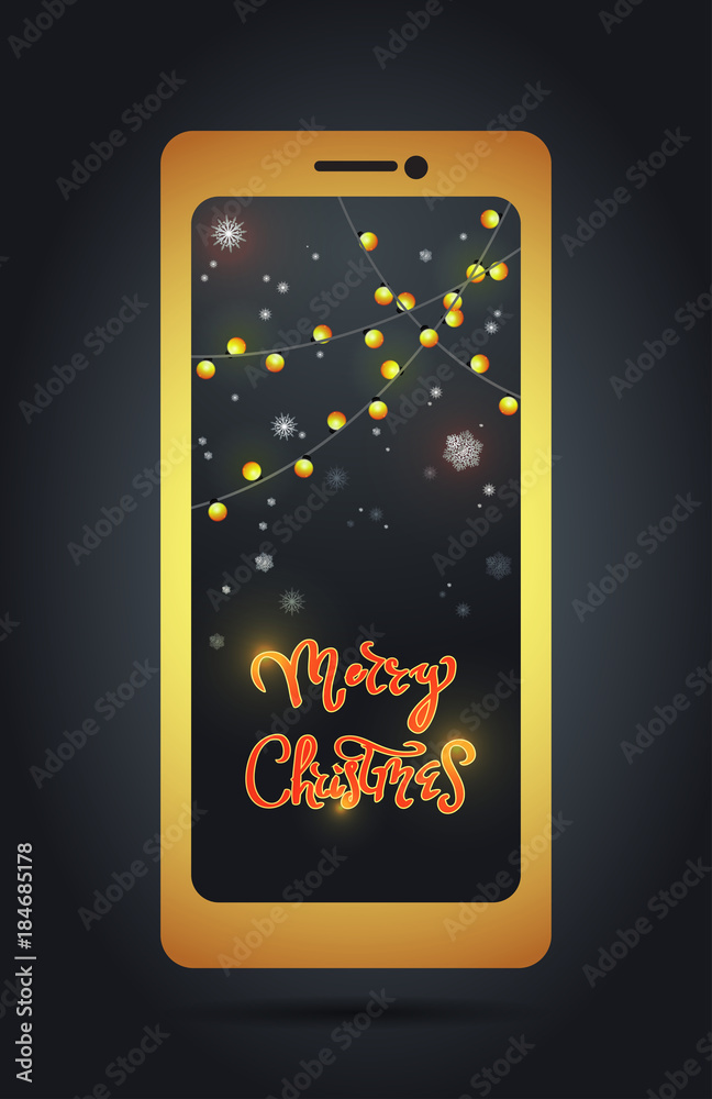 Modern technologies and holidays. A smartphone with a festive decor on the screen. Congratulations and shopping online. Close-up. Modern technologies and holidays. A smartphone with a festive decor on the screen. Congratulations and shopping online. Close-up.