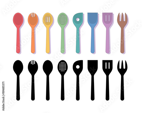 Colorful Spoons Set. Line Art Vector Illustration of a Set of Colorful Spoons and their Silhouettes.