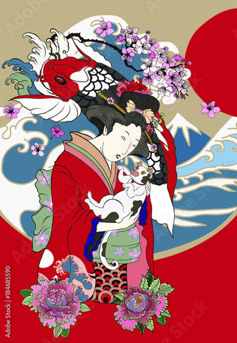 Traditional Japanese wave poster.Japanese women in kimono with her cat and Koi carp.Hand drawn geisha girl and kitten on wave background.Koi fish with peony flower and Fuji mountain background.
