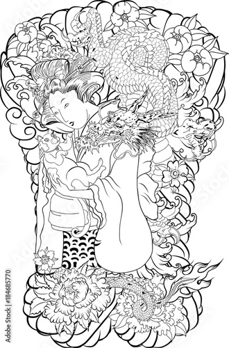 Traditional Japanese tattoo style.Japanese women in kimono with her cat and Old dragon.Hand drawn geisha girl and kitten on back tattoo.Old dragon with peony flower and chrysanthemum on background.