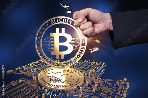Virtual cryptocurrency concept with golden coins of bitcoin