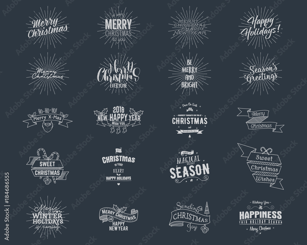 Big Christmas typography quotes, wishes bundle. Sunbursts, ribbons and other xmas elements, icons. New Year lettering, sayings, vintage labels. Season greetings calligraphy. Stock vector isolate Big Christmas typography quotes, wishes bundle. Sunbursts, ribbons and other xmas elements, icons. New Year lettering, sayings, vintage labels. Season greetings calligraphy. Stock vector isolate