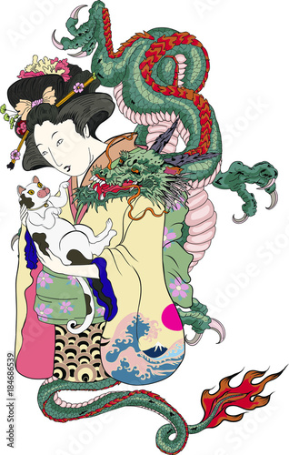 Traditional Japanese tattoo style.Japanese women in kimono with her cat and Old dragon.Hand drawn geisha girl and kitten on back tattoo.Old dragon with peony flower and chrysanthemum on background.