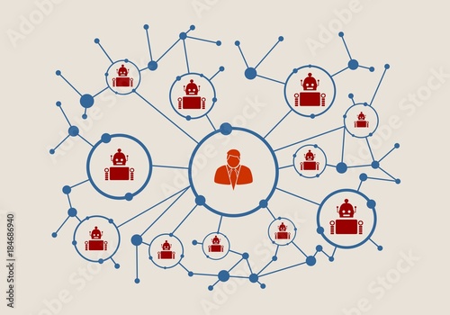 Social media network. Growth background with lines, circles and integrate flat icons. Connected symbols for digital, interactive and global communication concept. Human and robot teamwork