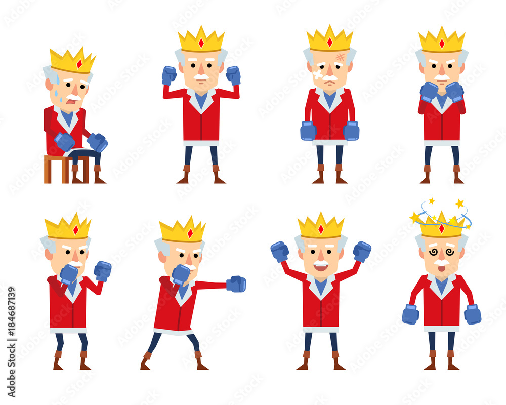 Set of funny king characters posing with boxing gloves. Old king hitting, dazed, tired, celebrating and showing other actions. Flat style vector illustration