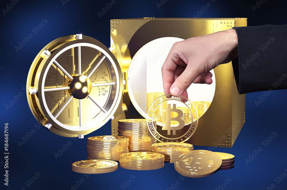Virtual cryptocurrency concept with golden coins of bitcoin