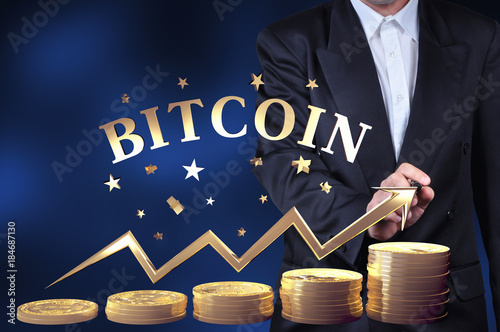 Virtual cryptocurrency concept with golden coins of bitcoin