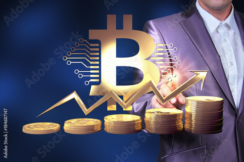 Virtual cryptocurrency concept with golden coins of bitcoin