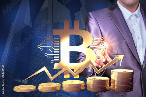 Virtual cryptocurrency concept with golden coins of bitcoin