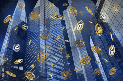 Virtual cryptocurrency concept with golden coins of bitcoin