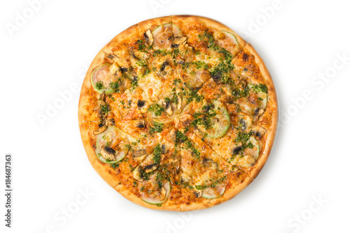 Vegetarian pizza with mushroom isolated on white background