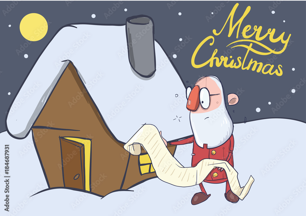 custom made wallpaper toronto digitalChristmas card of funny hatless Santa Claus in glasses reading a long scroll next to a small house. Vector character illustration.