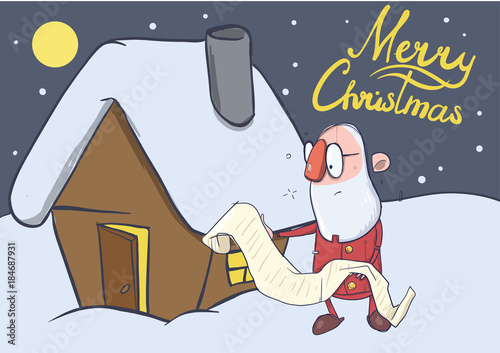 Wallpaper Mural Christmas card of funny hatless Santa Claus in glasses reading a long scroll next to a small house. Vector character illustration. Torontodigital.ca