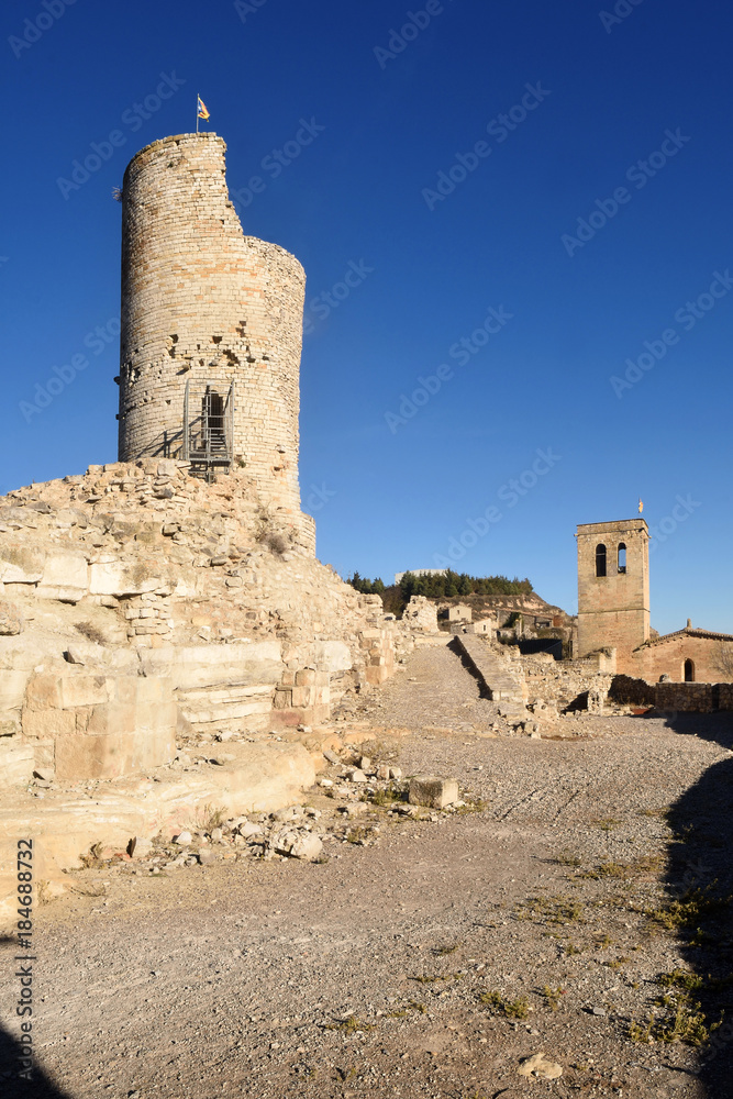 Tower and Santa Maria church in Guimera, LLeida province, Catalonia, Spain