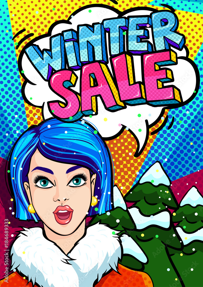 Open mouth and Winter Sale Message in pop art style