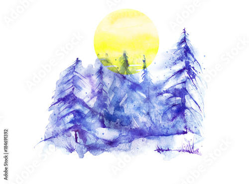 Watercolor painting, picture, 
landscape - forest, nature, tree. blue    winterr trees, fir, pine, yellow sun. It can be used as logo, card, illustration. photo