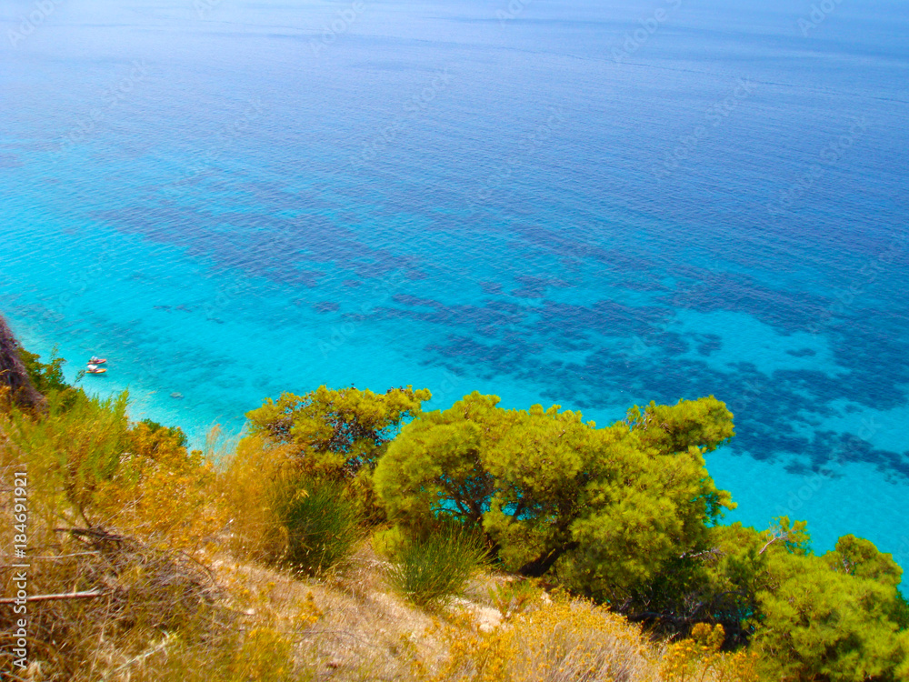 Beautiful blue sea and beaches at Greek island of Lefkada.