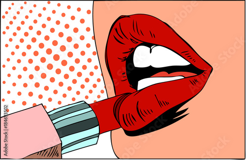 Pop art makeup. Closeup of sexy girl paints her lips with lipstick in her hand and empty speech bubble