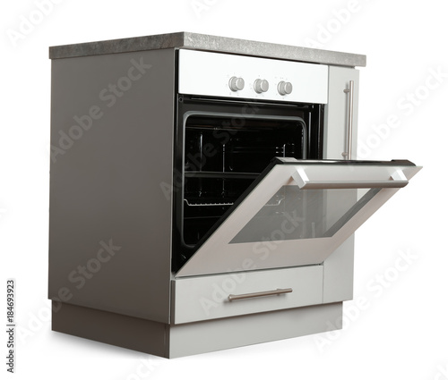 Kitchen cabinet with oven on white background