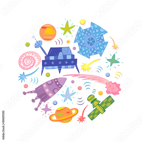 Colorful Hand Drawn Doodle Spaceships, Rockets, Falling Stars, Planets and Comets Arranged in a Circle. Vector Illustration.