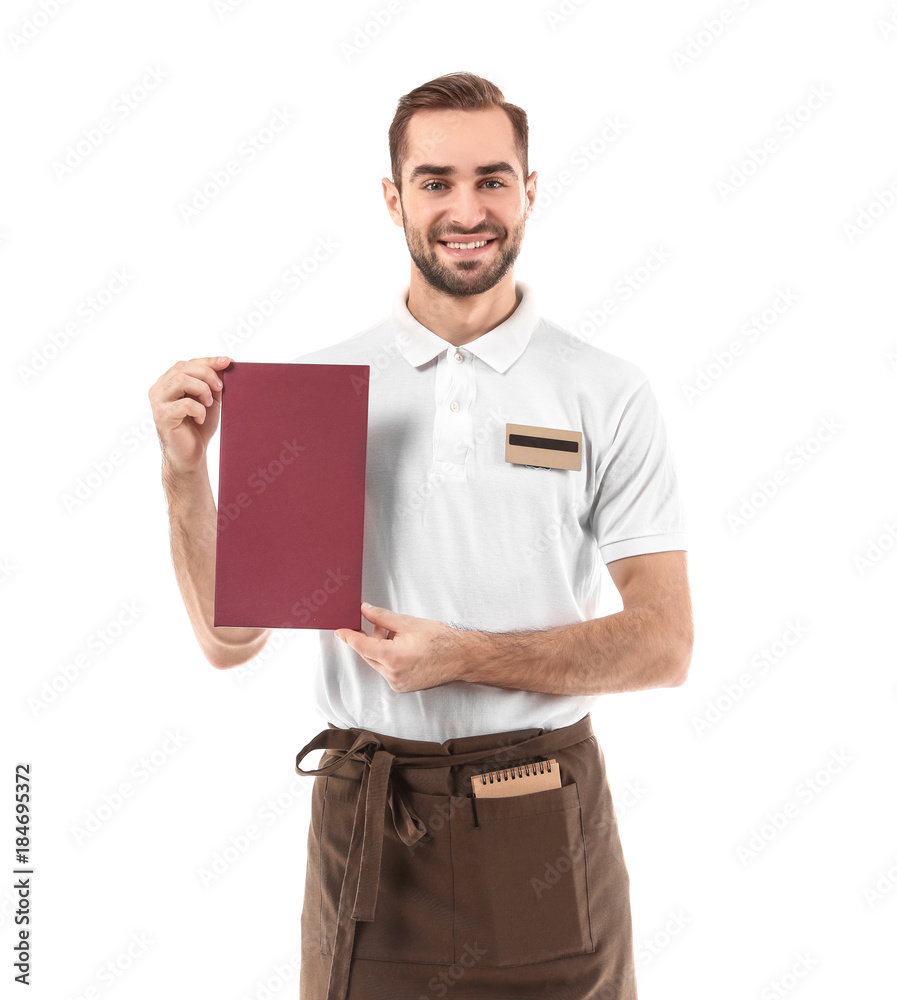 Handsome waiter with menu on white background Handsome waiter with menu on white background
