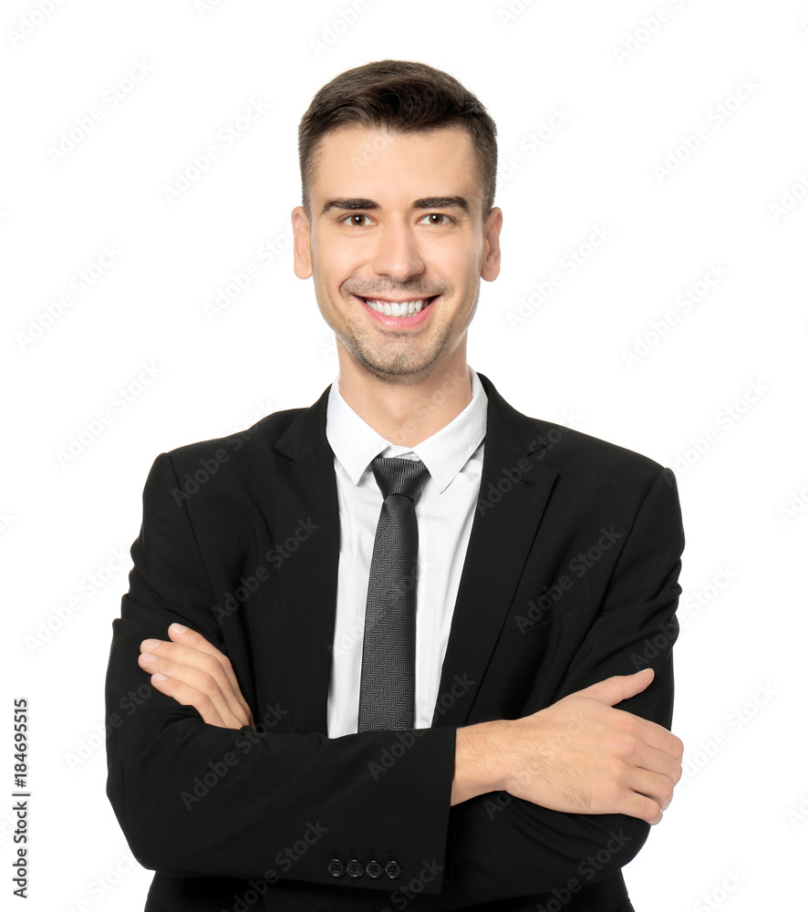 Attractive young man in formal wear on white background