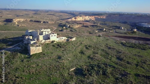 Aerial view of Ottoman era fortress ruins on top of mediterranean hill | 4k UHD