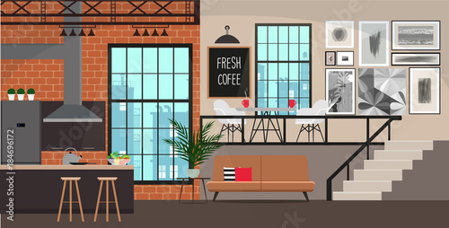 Interior design in loft style. Studio apartment.
