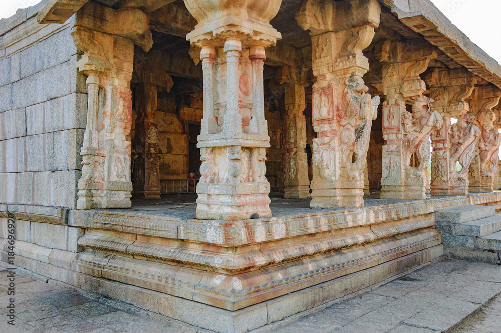 Ancient ruins of Kuduregombe Mantapa is located at the left on way from the Vittala Temple to the main road, Hampi, Karnataka, India.