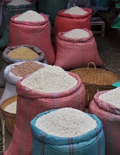 Different rice bags in market in Laos