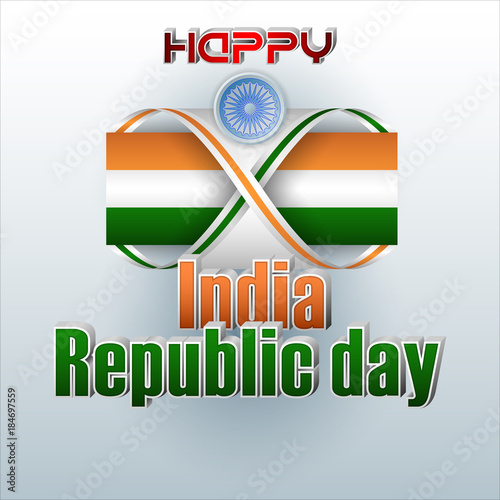 Holiday design, background with 3d texts, national flag colors and spinning wheel for 26th of January, India Republic day, celebration