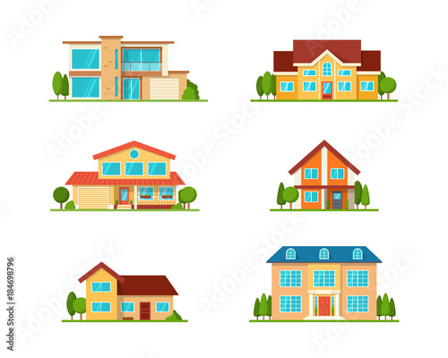 Set of Modern cottage house, front view, isolated on white