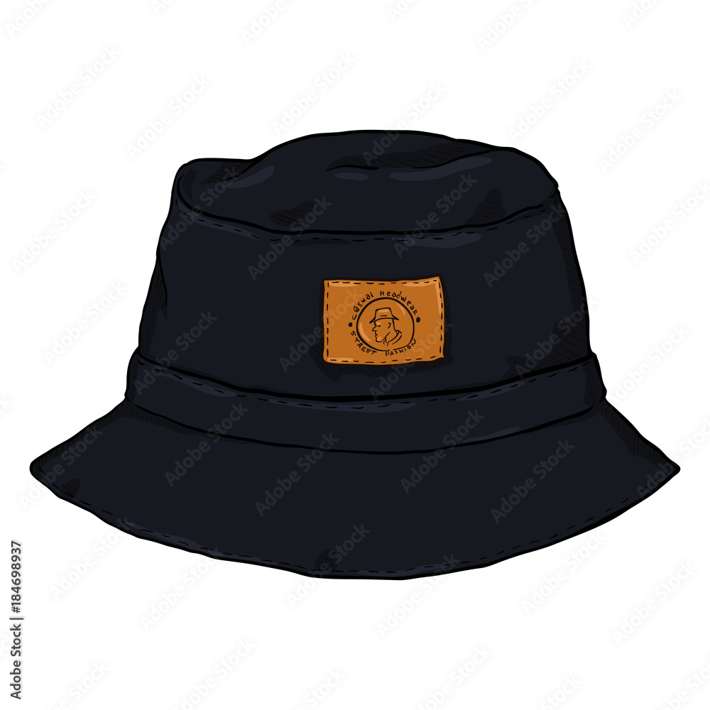 Vector Single Black Cartoon Bucket Hat. Front View. Stock Vector