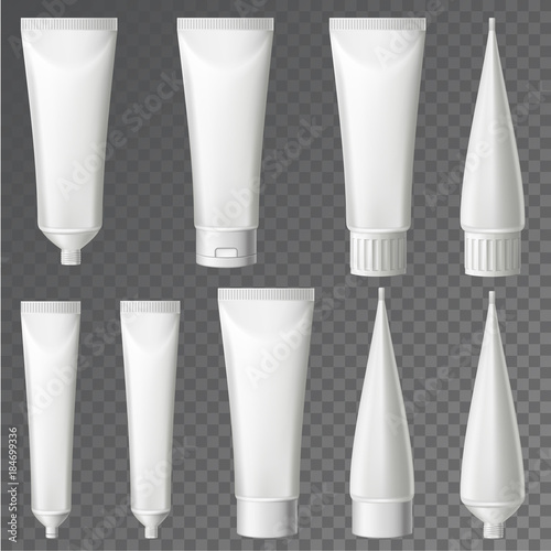 Fototapeta Naklejka Na Ścianę i Meble -  3d realistic cosmetic  plastic tube packaging. Isolated vector illustration on dark background.
