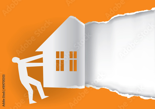 Doors Open Days.
Man ripped paper with house silhouette. Template for Doors Open Days,Grand opening of public buildings. Vector available. 
