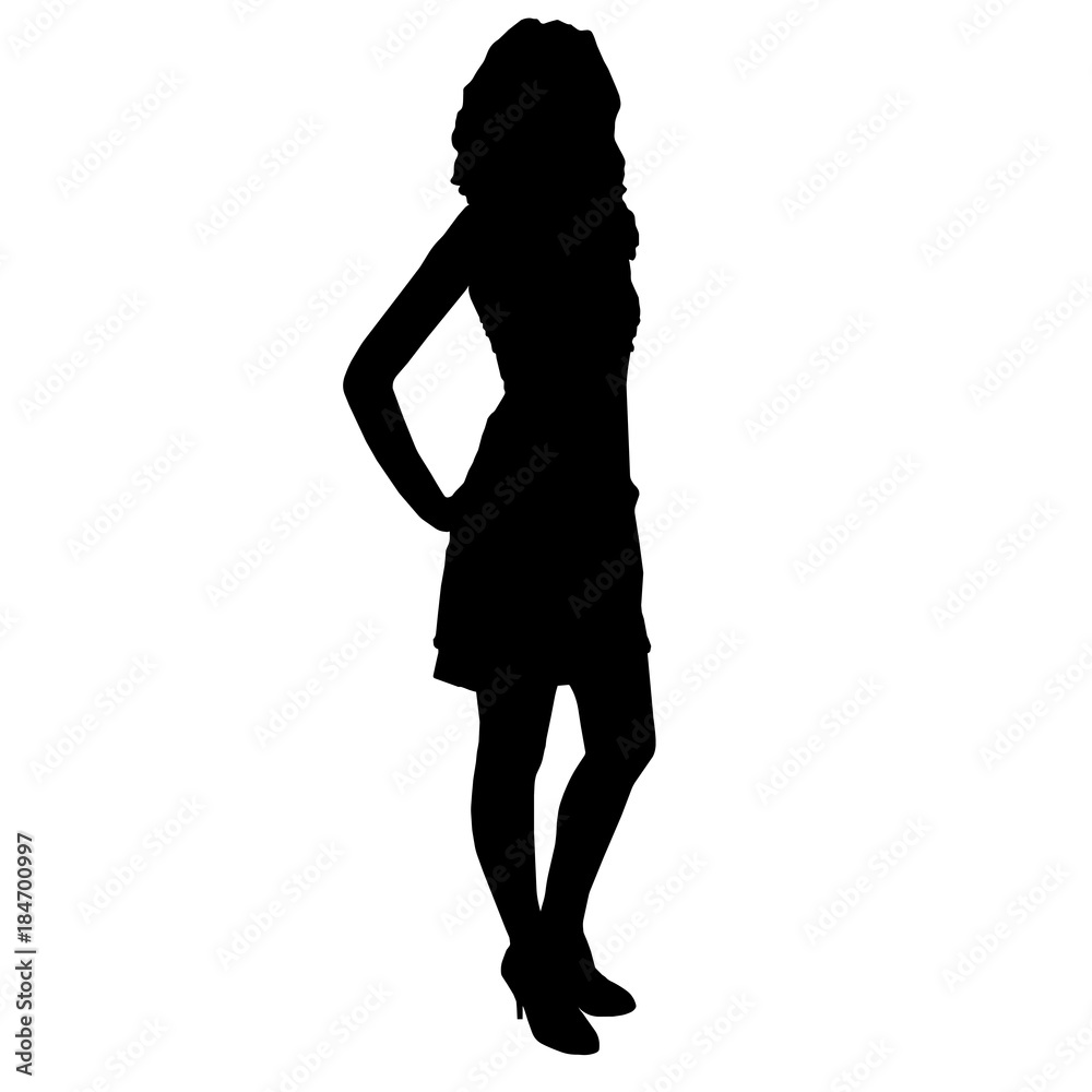 Silhouette of slim beautiful woman (girl) with long legs clothed in cocktail dress and high heels, standing with hands on her hips, vector.