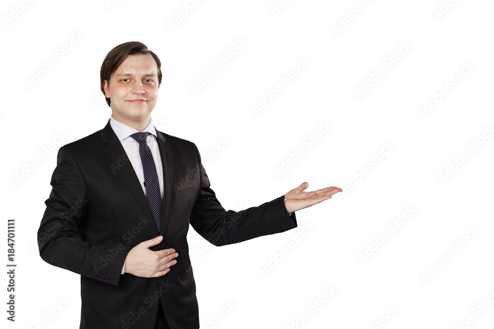 Businessman in a business suit, with an outstretched hand. Isolated on a white background Businessman in a business suit, with an outstretched hand. Isolated on a white background