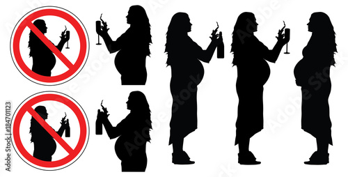 Pregnant woman, bad habits, silhouette. Prohibition signs of smoking and drinking alcohol, set, vector.