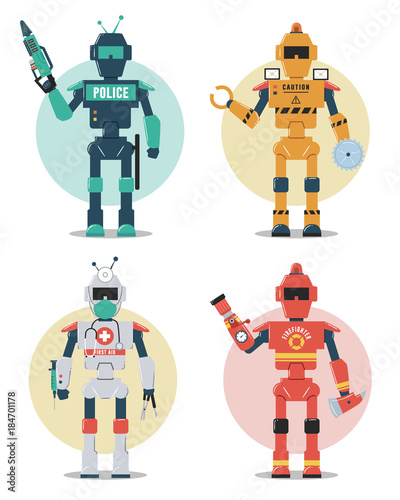 Robot character set. Police, construction, medical, firefighter robot