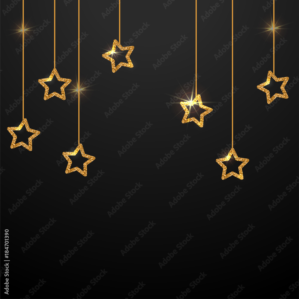 Fototapeta premium Gold star background Vector illustration Template for banner, poster and postcard with space for text Decorative golden stars are hanging on the golden threads on a black background