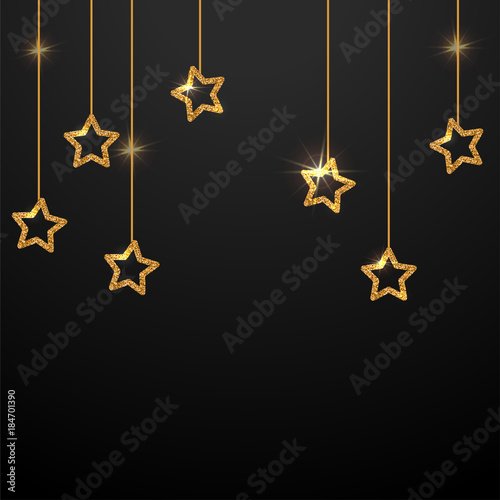 Gold star background Vector illustration Template for banner, poster and postcard with space for text Decorative golden stars are hanging on the golden threads on a black background
