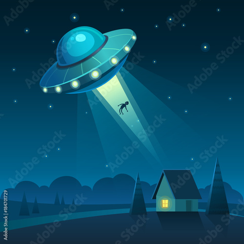 Vector illustration of UFO in dark night sky abducts human from the house.