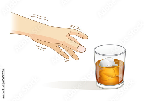 A Hand have tremor symptom while reaching for a glass of liqueur. Illustration about loss of control of body balance.