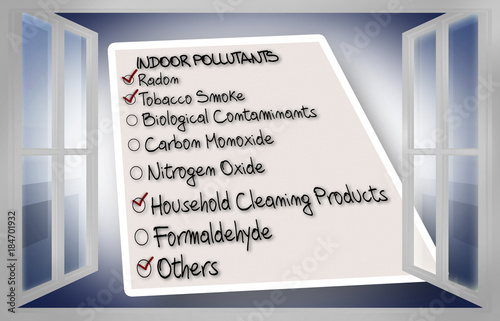 Check list of indoor air pollutants seen through an open window - concept image