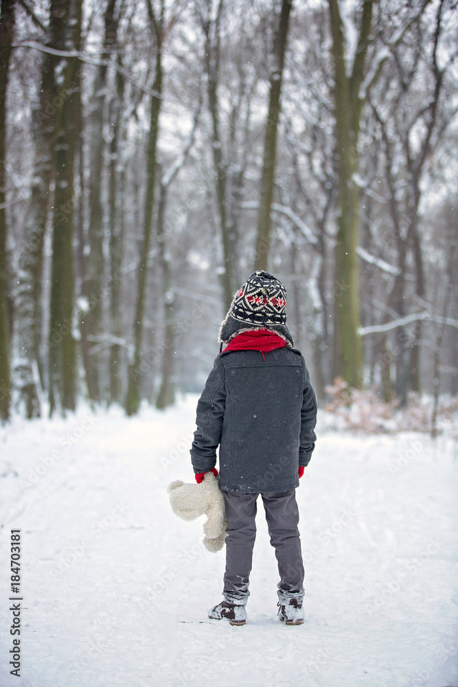 Sad lost child, boy in a forest with teddy bear, wintertime